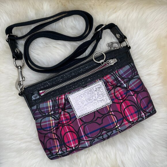 Coach Poppy Pink/Purple Signature Tartan Plaid Small Crossbody - Picture 1 of 6